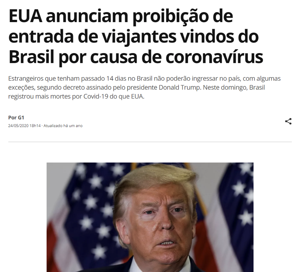 EUA anunciam proibição de entrada de viajantes vindos do Brasil