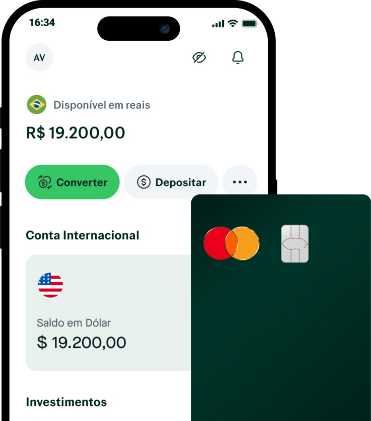 imagem ilustrativa da tela de um celular com a conta internacional da Avenue e os investimentos em dólar. Ao lado da tela, há também um cartão de débito da Avenue.
