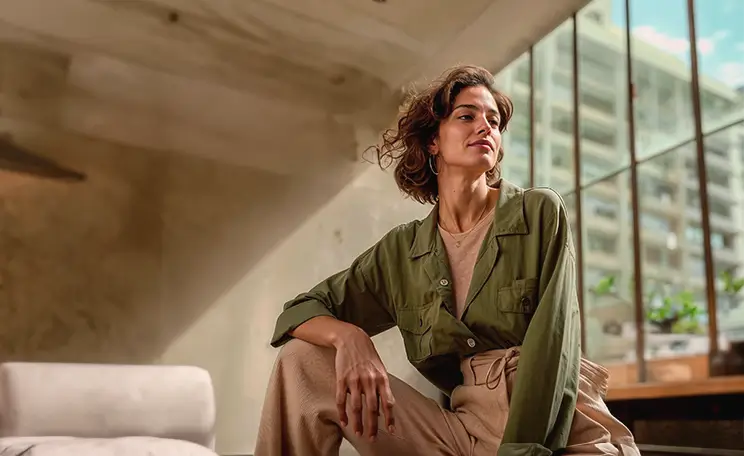 Mulher pensativa em ambiente corporativo moderno com vista urbana