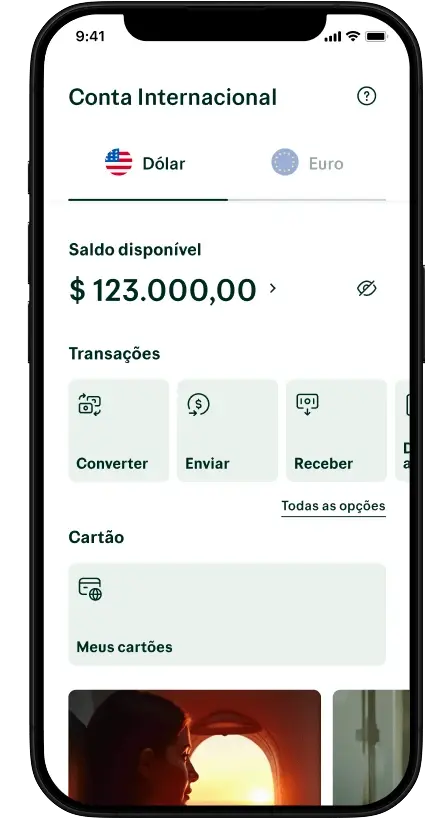 Interface mobile de Conta Internacional exibindo abas navegáveis "Dólar" (selecionada) e "Euro", saldo disponível de $ 123.000,00 com ícone de navegação, seção "Transações" com três botões: "Converter" (com ícone de câmbio), "Enviar" (com ícone de transferência), "Receber" (com ícone de recebimento), link "Todas as opções", seção "Cartão" com opção "Meus cartões", imagens de transações ou beneficiários visíveis na base