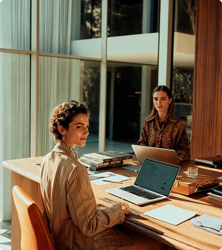 Duas profissionais trabalham em laptops em uma mesa de escritório moderno com amplas janelas ao fundo.