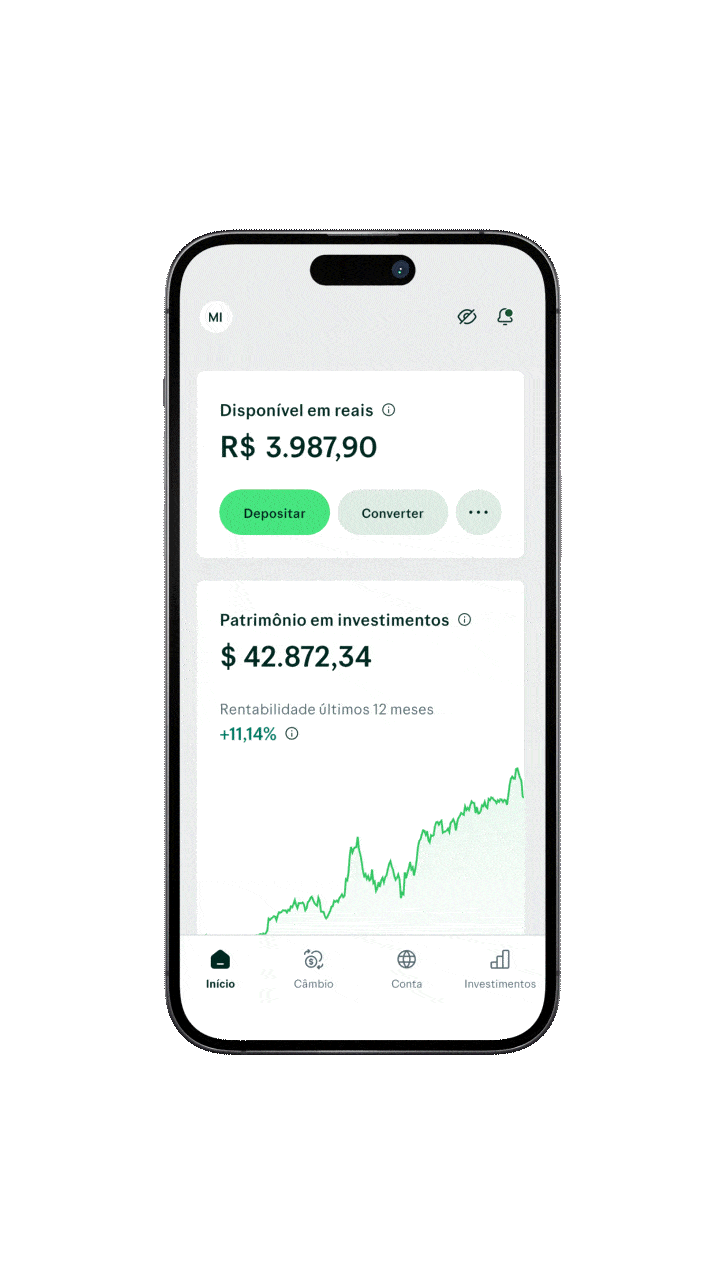 Tela inicial do app da Avenue mostrando saldo de +11,14% nos últimos 12 meses, com gráfico de linha ascendente.