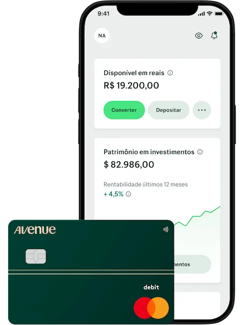 Interface do app Avenue mostrando saldo disponível e patrimônio em investimentos