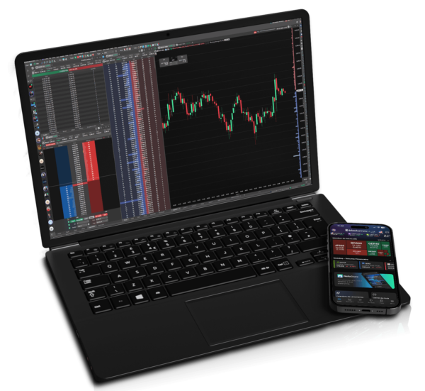 Plataforma de negociação exibida em notebook e smartphone, com gráfico de candlestick e book de ordens em interface escura.