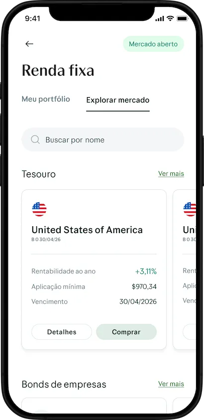 Interface de aplicativo móvel de Renda Fixa exibindo aba "Explorar mercado" com buscador, seção de Tesouro mostrando título dos Estados Unidos com rentabilidade ao ano de +3,11%, aplicação mínima de $970,34 e vencimento em 30/04/2026, com botões "Detalhes" e "Comprar" em verde claro, e seção inferior "Bonds de empresas"
