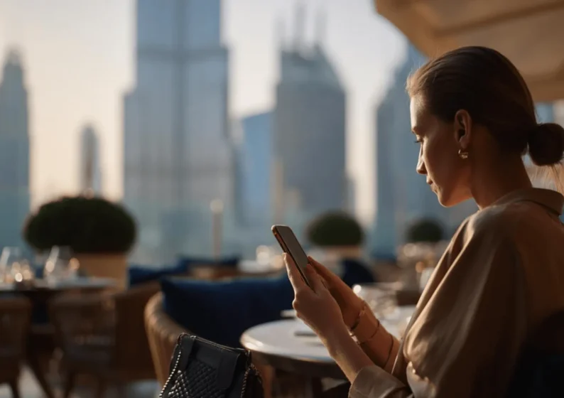 Pessoa consulta o smartphone em terraço de restaurante sofisticado, com skyline ao fundo.