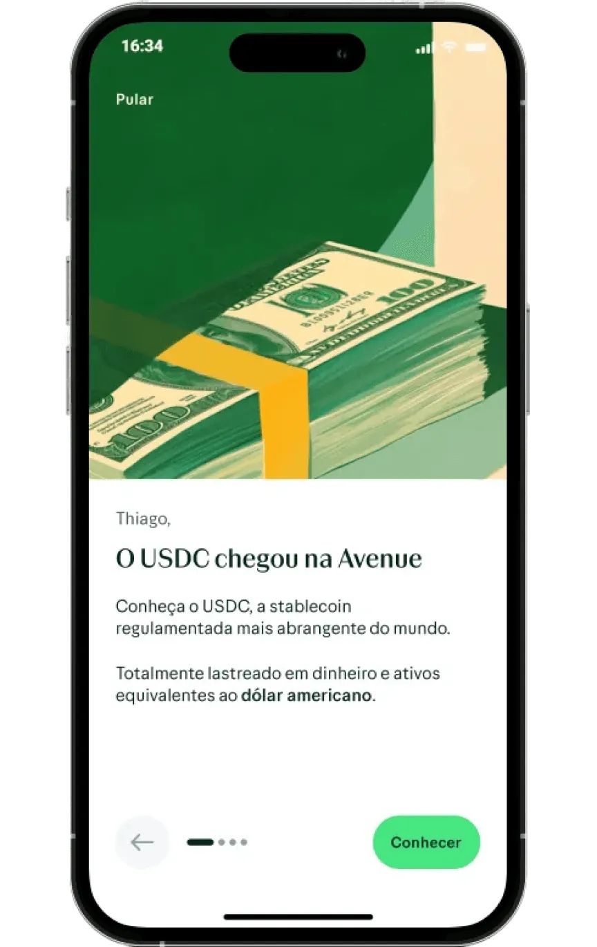 Tela de apresentação do USDC no app Avenue, com ilustração de maço de notas de 100 dólares e chamada para conhecer a stablecoin.