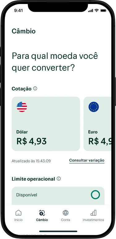 Interface mobile de câmbio com pergunta "Para qual moeda você quer converter?", seção "Cotação" exibindo Dólar a R$ 4,93 e Euro a R$ 4,9 com ícones de bandeiras, timestamp "Atualizado às 15:43:09", link "Consultar variação", seção "Limite operacional" mostrando status "Disponível", menu inferior com navegação: Início, Câmbio, Conta, Investimentos