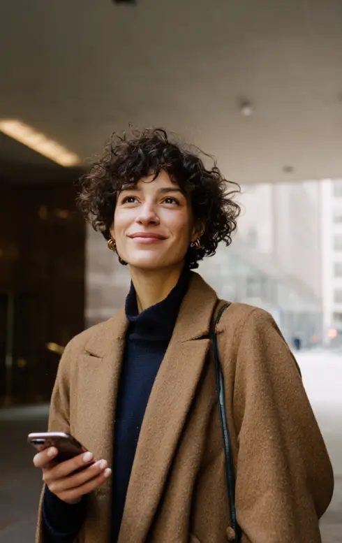 Mulher profissional jovem com cabelo cacheado preto usando blazer bege sobre blusa azul marinho e brincos de ouro, sorrindo sutilmente enquanto segura smartphone em mãos, em ambiente corporativo moderno com vista de janela mostrando paisagem urbana ao fundo, transmitindo confiança e acesso a serviços internacionais