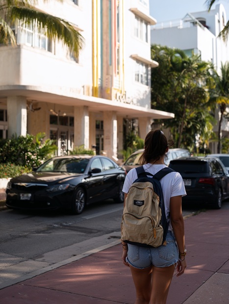 Jovem mulher vista de costas com mochila bege observando paisagem urbana em ambiente litorâneo tropical, vistindo camiseta branca e short jeans curto, rua com arquitetura branca moderna, palmeiras verdes, carros estacionados e prédios ao fundo, céu azul claro, transmitindo viagem, liberdade e estilo de vida móvel internacional