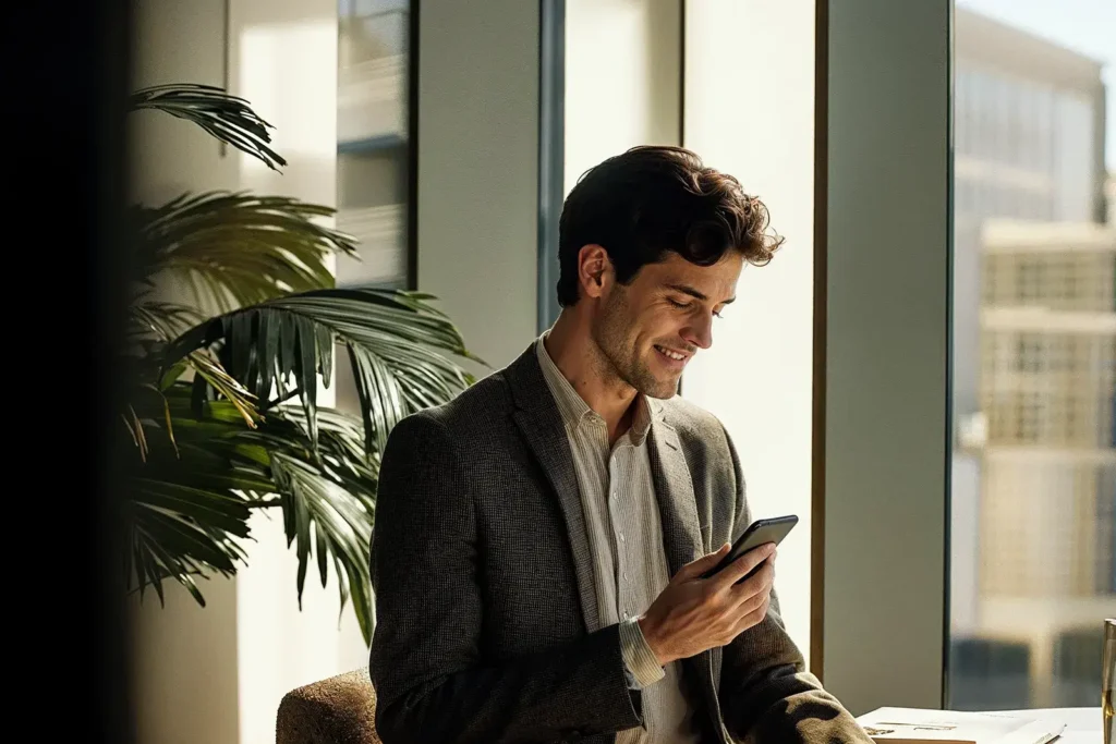 Homem profissional sorrindo enquanto usa smartphone em ambiente corporativo moderno, com planta verde ao fundo, grandes janelas mostrando paisagem urbana e luz natural clara
