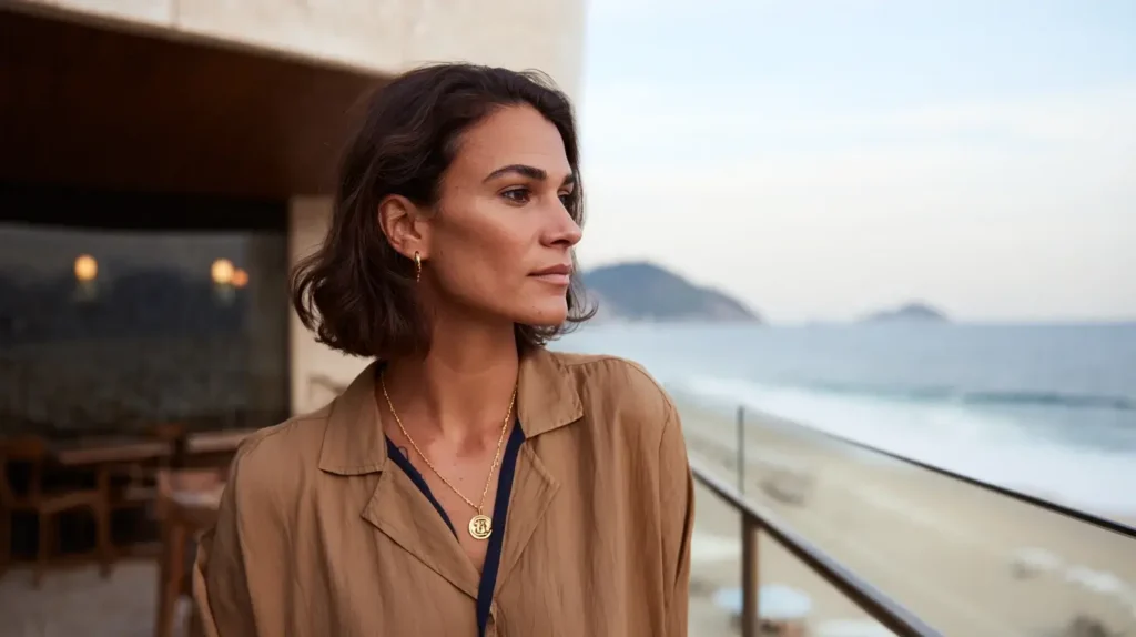 Mulher adulta com cabelo castanho ondulado sentada, vestindo jaqueta verde oliva, olhando pensativamente pela grande janela de um escritório moderno com vista para edifícios urbanos