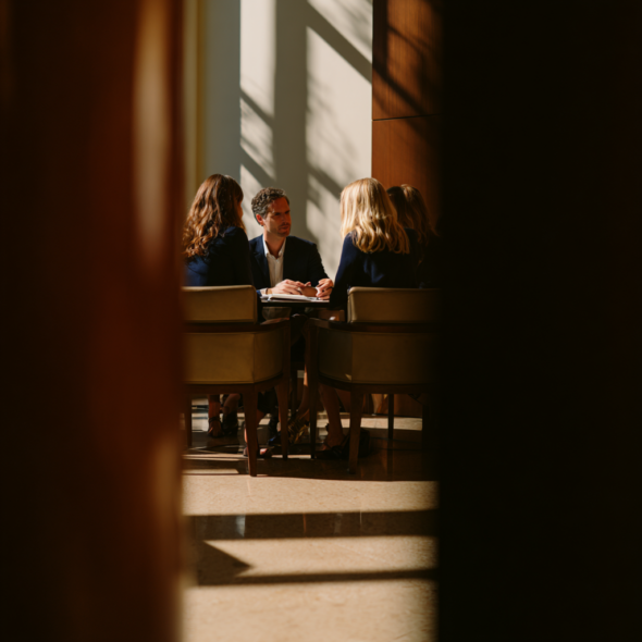 Quatro profissionais em reunião ao redor de uma mesa, vistos através de uma porta entreaberta.