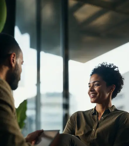Homem e mulher profissionais em conversa em ambiente corporativo moderno, com mulher sorridente observando o colega, ao fundo grande janela panorâmica com vista para arranha-céus urbanos