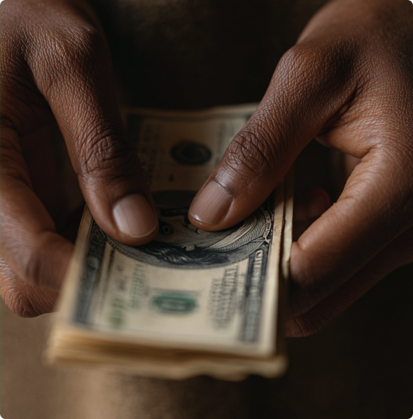 Pessoa contando uma pilha de cédulas de dólar.