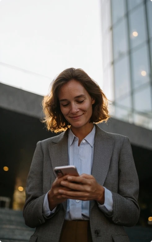 Profissional sorri ao usar o smartphone em frente a um edifício corporativo.