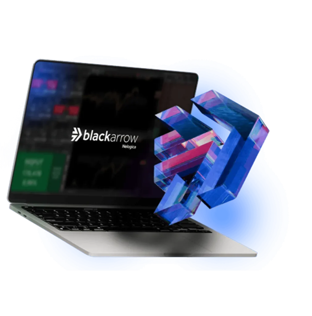 Ilustração da plataforma BlackArrow by Neologica em um notebook, com elemento 3D cristalino emergindo da tela.
