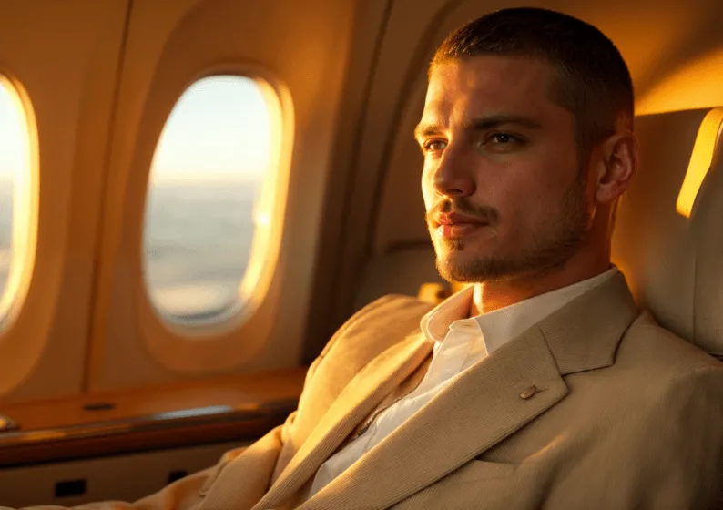Homem reclinado em poltrona de avião executivo, iluminado pela luz dourada do pôr do sol pela janela.