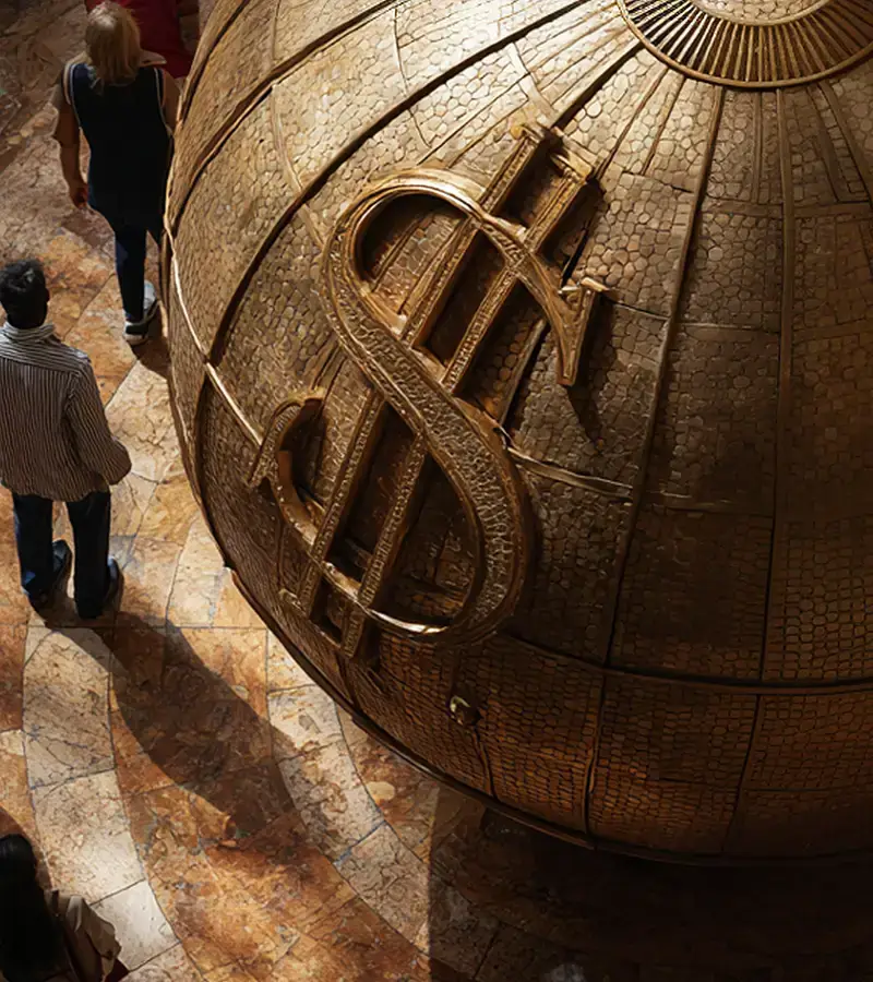 Duas pessoas vistas de cima em perspectiva observando grande escultura de globo terrestre em dourado com símbolos de dólar em seu relevo, em piso rústico de terracota ou azulejos com padrão geométrico
