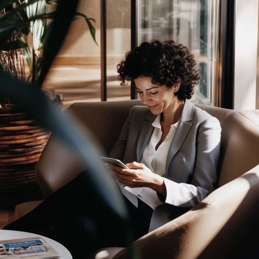 Profissional sorri ao consultar o smartphone sentada em poltrona, em ambiente corporativo com luz natural.