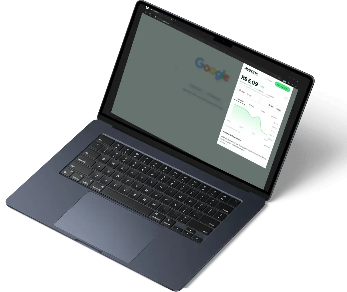 Mockup de MacBook cinza-azulado aberto em ângulo 45 graus mostrando Google na aba esquerda e painel da Avenue na aba direita com cotação de dólar "R$ 5,09", logotipo Avenue e gráfico de linha verde indicando variação cambial