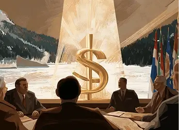 Grupo de profissionais sentados em sala de conferência observando grande símbolo de dólar dourado iluminado através de janela panorâmica, com paisagem de montanhas nevadas ao fundo
