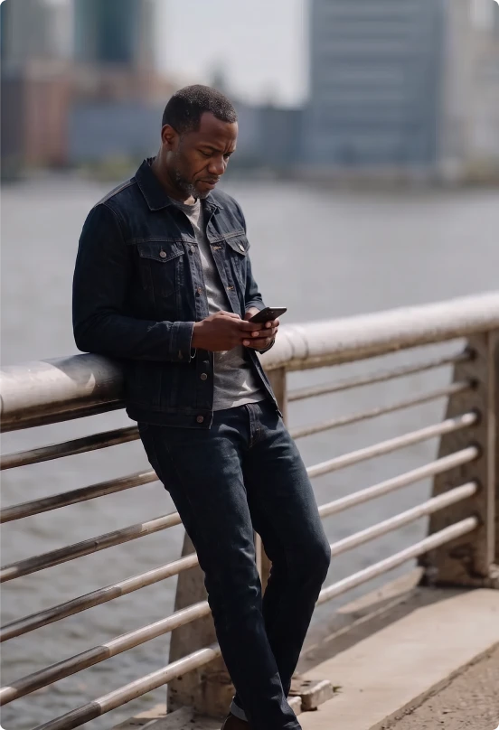 Homem em Nova York encostado em uma grade enquanto utiliza seu celular para consultar seus investimentos